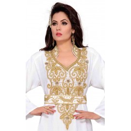 Women's muslim wedding kaftan abaya with gold hand beaded embroidery White 