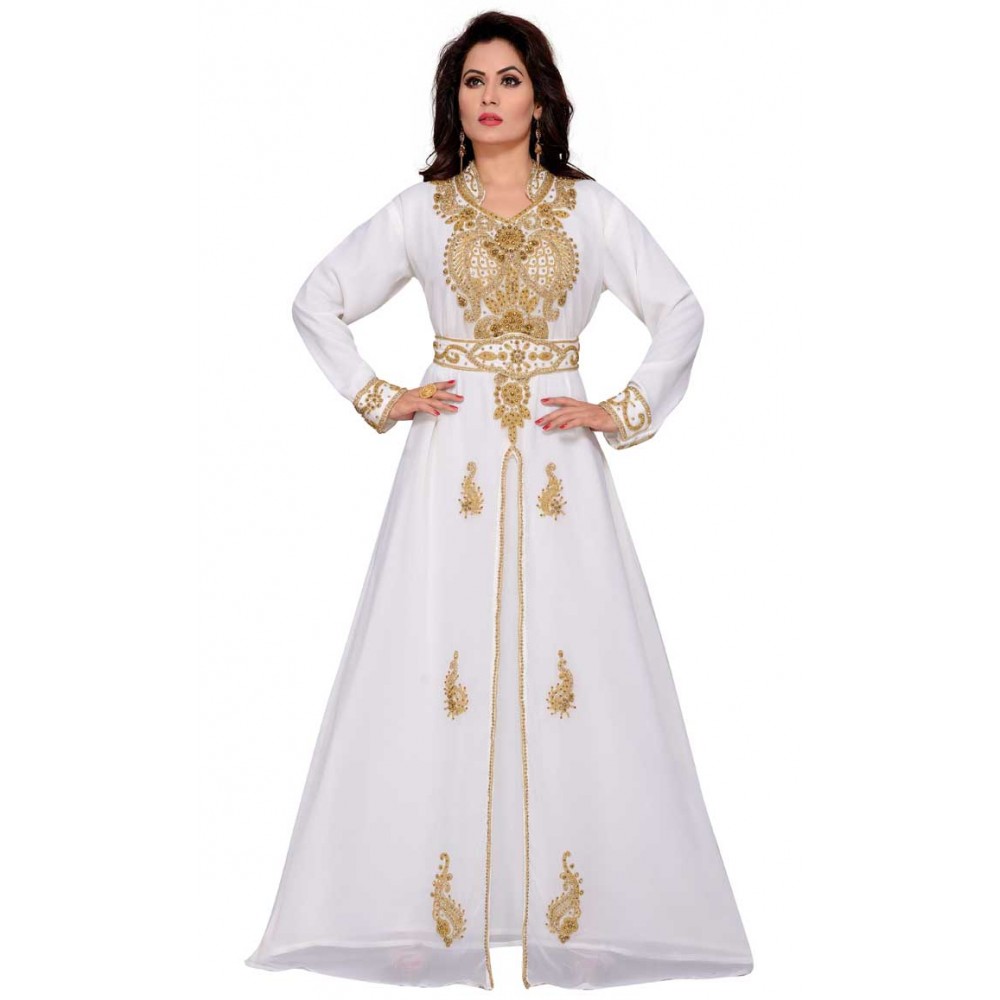 Women's bridal wedding beaded full sleeve abaya dress white 