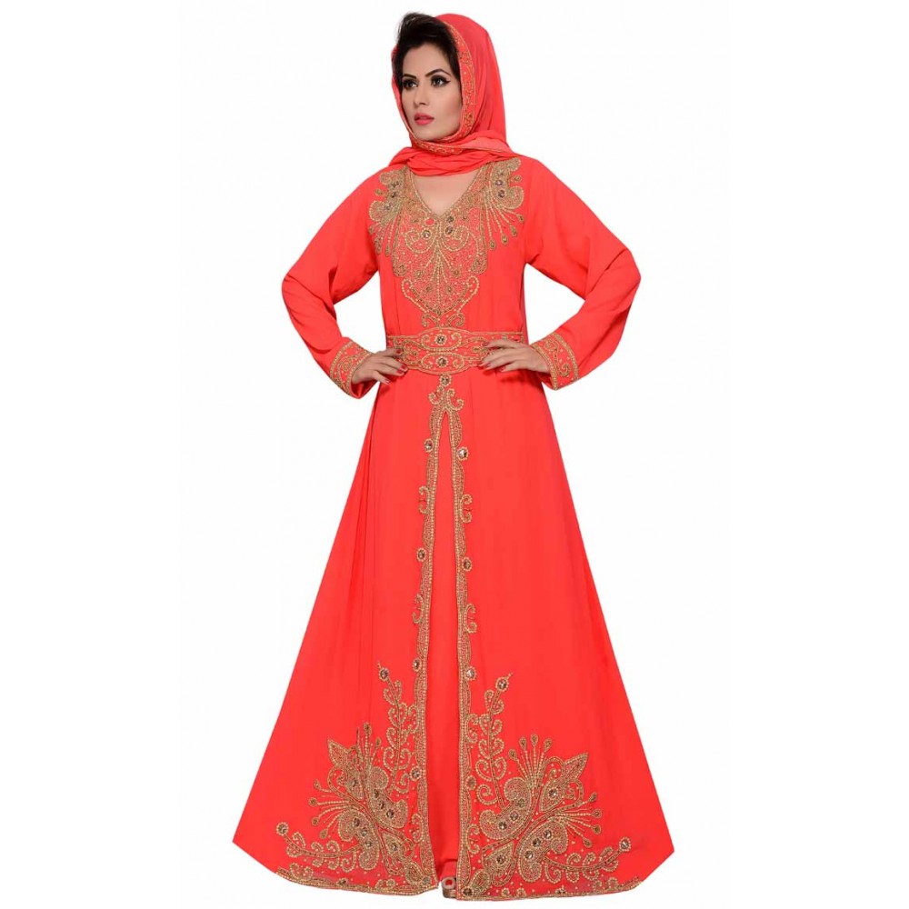 Women's floor length maxi red caftan designer with party look with Hijab