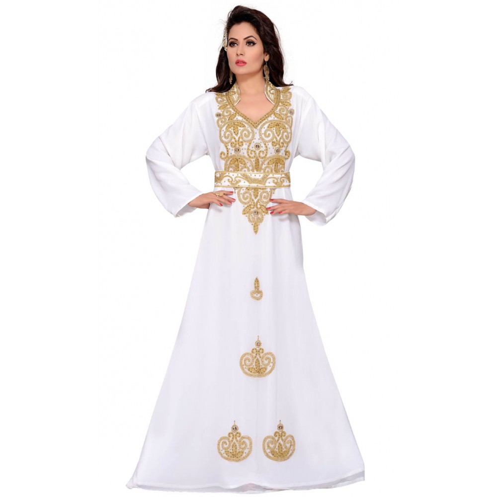 Women's muslim wedding kaftan abaya with gold hand beaded embroidery White 