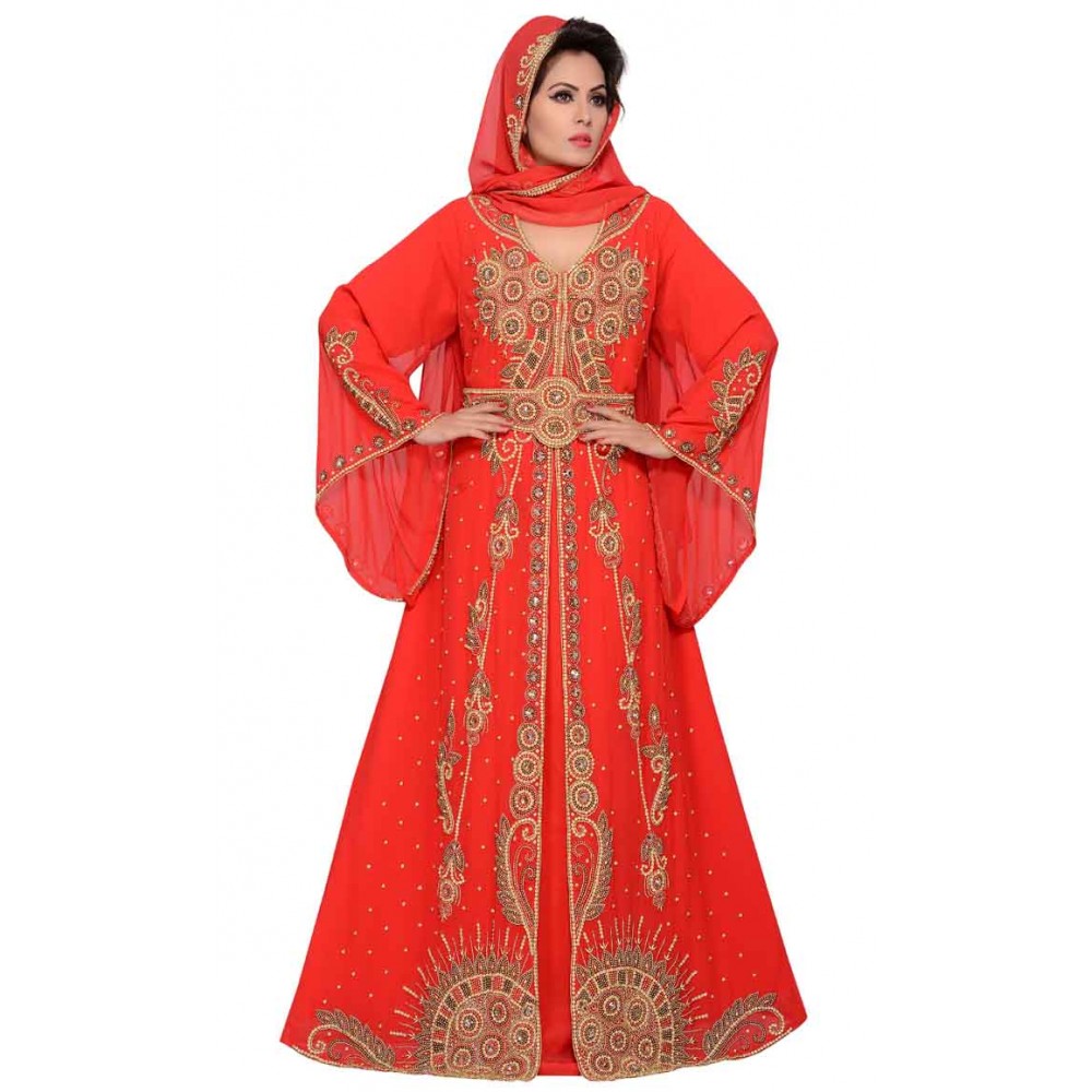 Women's red wedding long caftan dress with bell sleeve in full hand embroidery