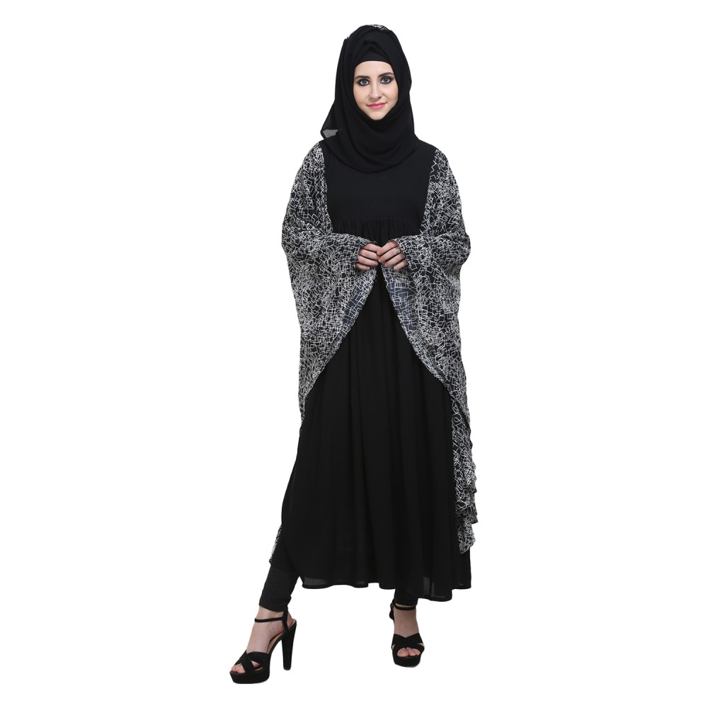 Black Crepe Printed Fabric kaftaan Style Abaya