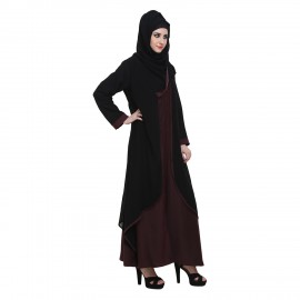 Black & Maroon Nida Double layer Zipper Front Open Formal Abaya