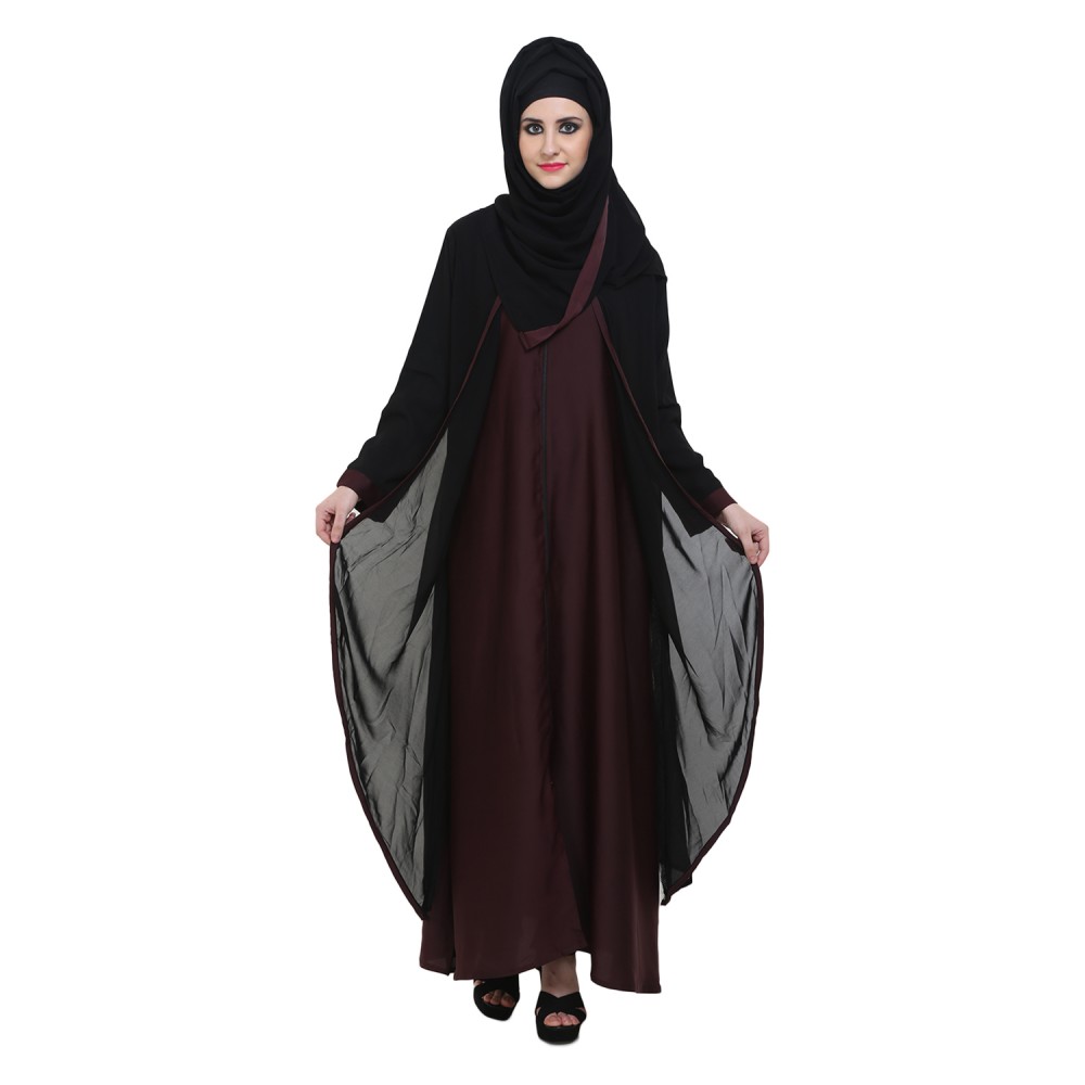 Black & Maroon Nida Double layer Zipper Front Open Formal Abaya