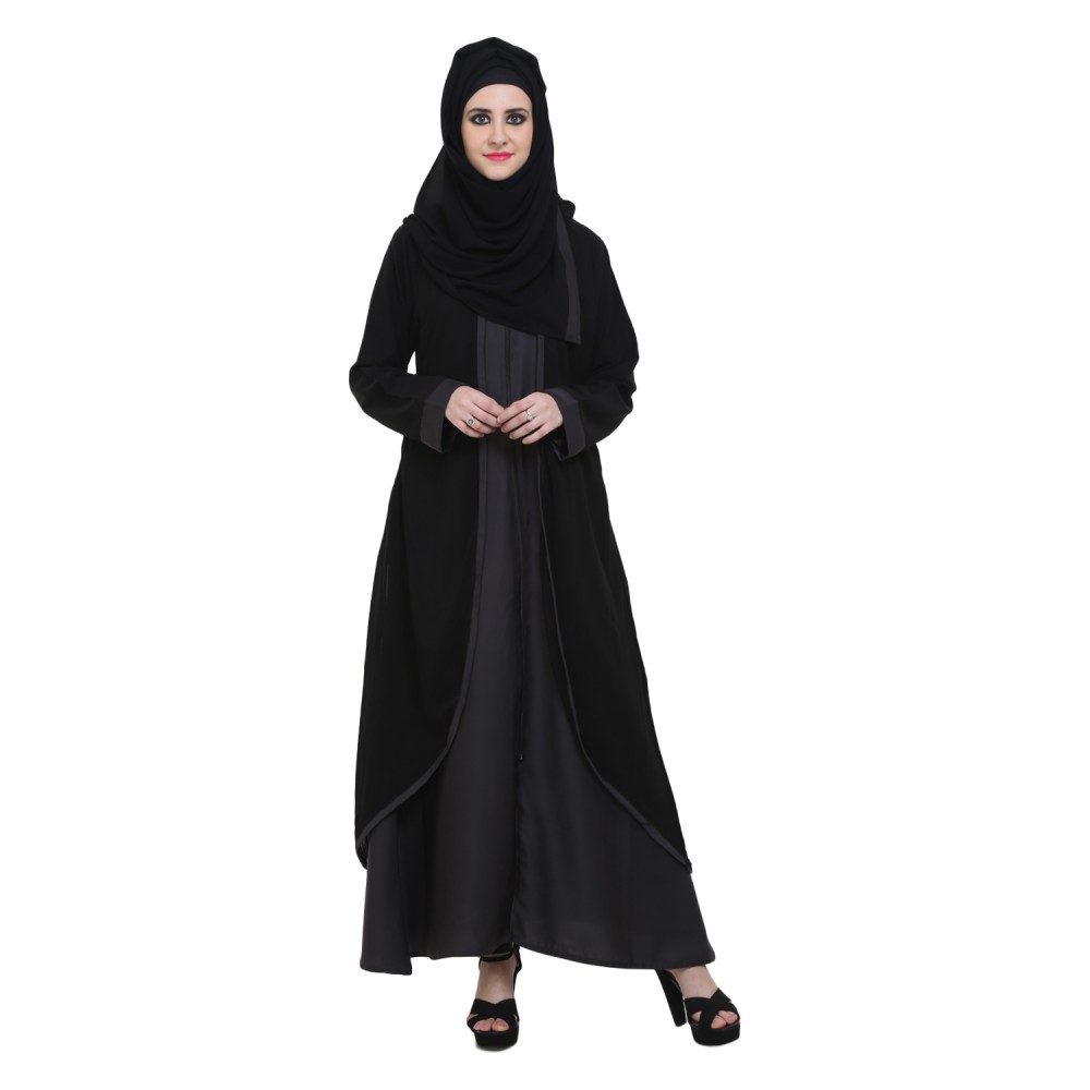 Black & Dark Grey Double layer Zipper Front Open Formal Abaya