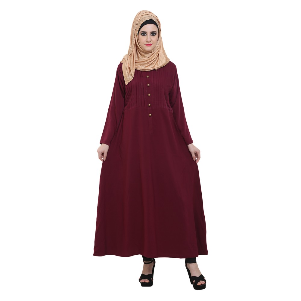 Maroon PolyCrepe Pleated Designer Flare Abaya
