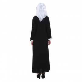 Black Crepe Side Front Open Abaya with White Panel