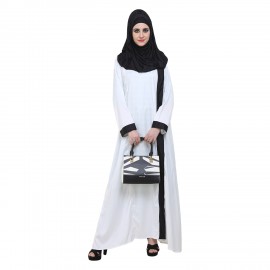 White Rayon Side Front Open Abaya with Black Panel