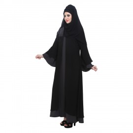 Black & Dark Grey Crepe Designer Flare Abaya