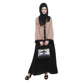 Black & Badami Designer Zari Work Front Open Abaya