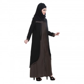 Black & Dusty Nida Double Layer Zipper Front Open Abaya
