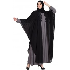 Black & Grey Stylish Designer Kaftaan Abaya With Patch Work For Women