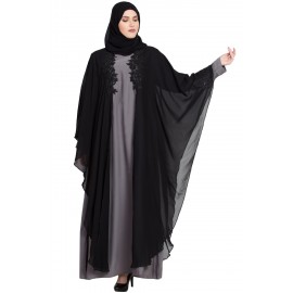 Black & Grey Stylish Designer Kaftaan Abaya With Patch Work For Women