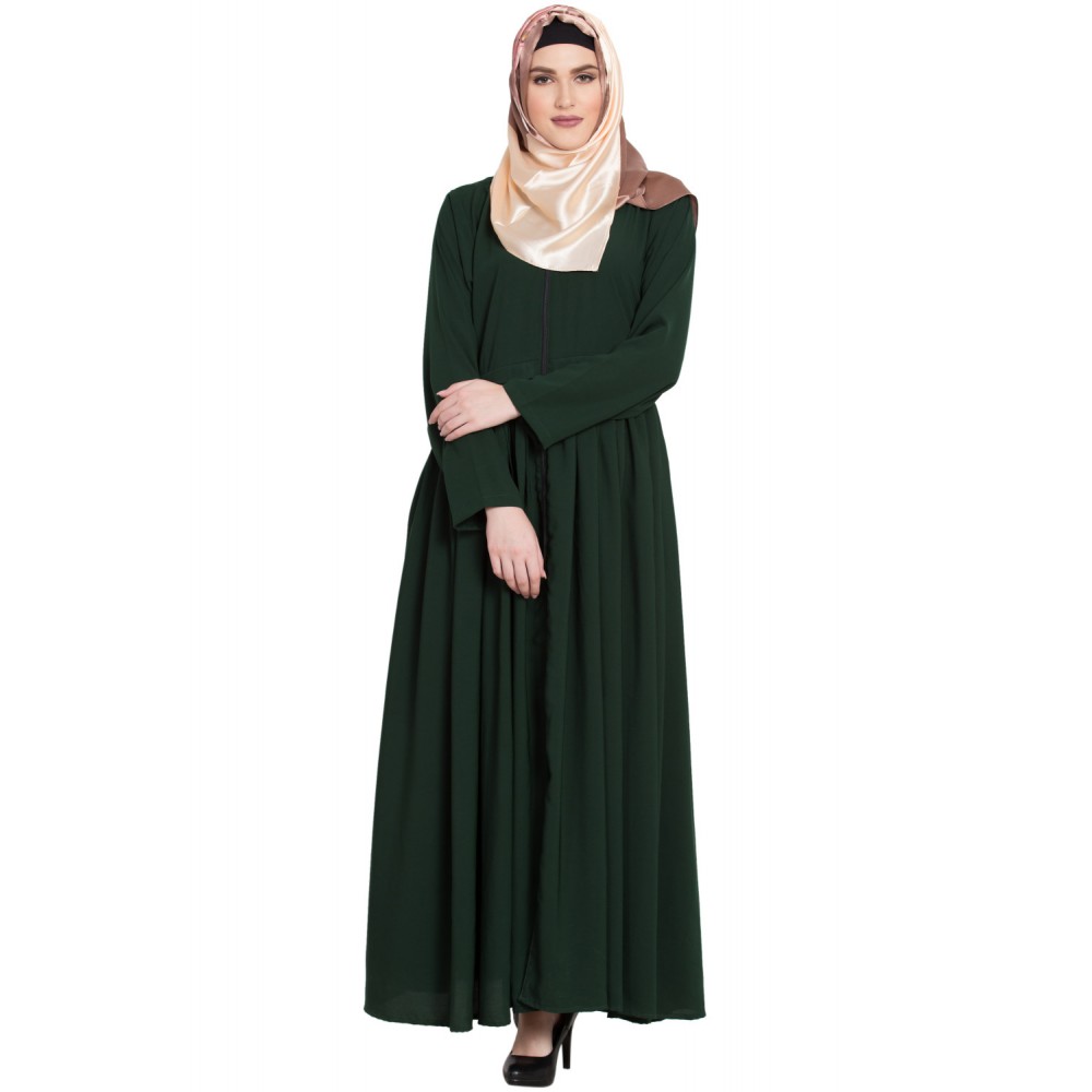 Dark Green Stylish Pleated Design Zipper Abaya For Girls
