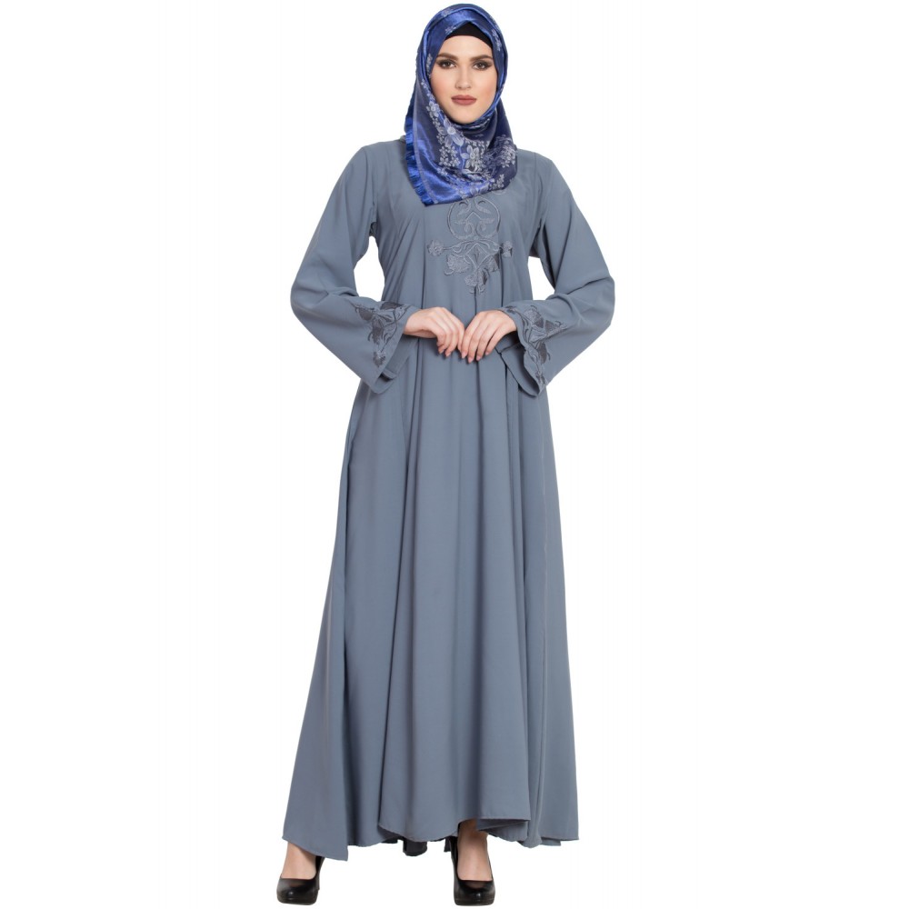 Ligth Grey Embroidered Kali Designer Girlsh Abaya Burqa