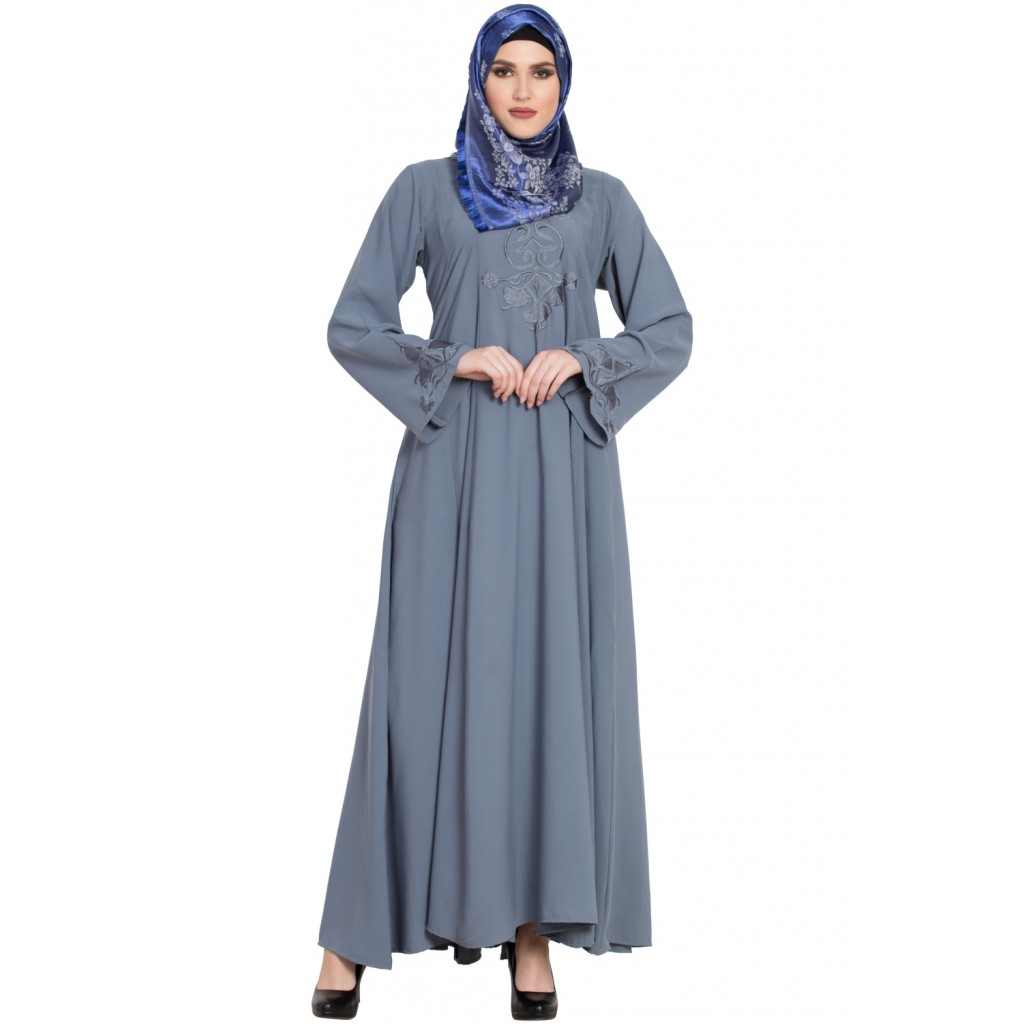 Ligth Grey Embroidered Kali Designer Girlsh Abaya Burqa| Mubarak Deals