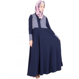 Navy Blue Printed Fared Abaya Dress