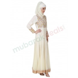 MyBatua Zaeemah Net & Crepe Off White Abaya