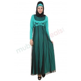 MyBatua Manab Fancy Turquoise-Green and Black Net and Crepe Abaya