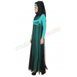 MyBatua Manab Fancy Turquoise-Green and Black Net and Crepe Abaya