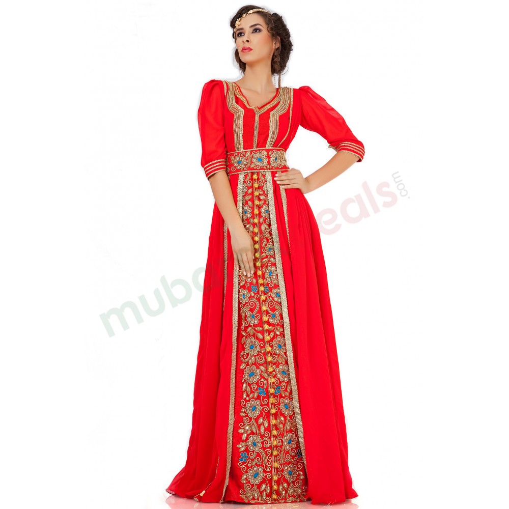 MyBatua Attractive Dark Red Jacket Style Moroccan Wedding Abaya
