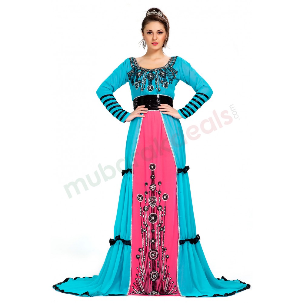MyBatua Contemporary Comfortable Blue & Pink Popular Embroidered Saudi Abaya
