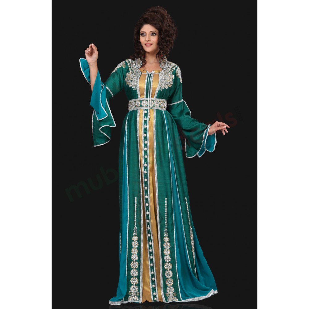 MyBatua Unique Green & Blue Color Jacket Style Moroccan Abaya